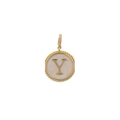 Sophie Clip-On Charm Necklace Bar with a round 18K gold-plated pendant, beaded edge, and white letter Y inlay.