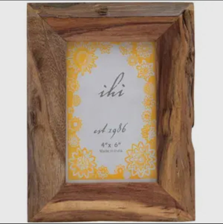 Ecoframe Wood Photo Holder, natural texture, uneven edges, holds 4x6 size. Includes card with yellow floral pattern. Made in India.