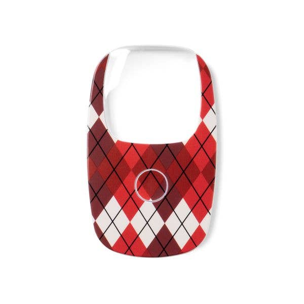 Red, white, and black argyle-patterned baby bib with a circular cutout in the lower center; available in small, medium, and large sizes.