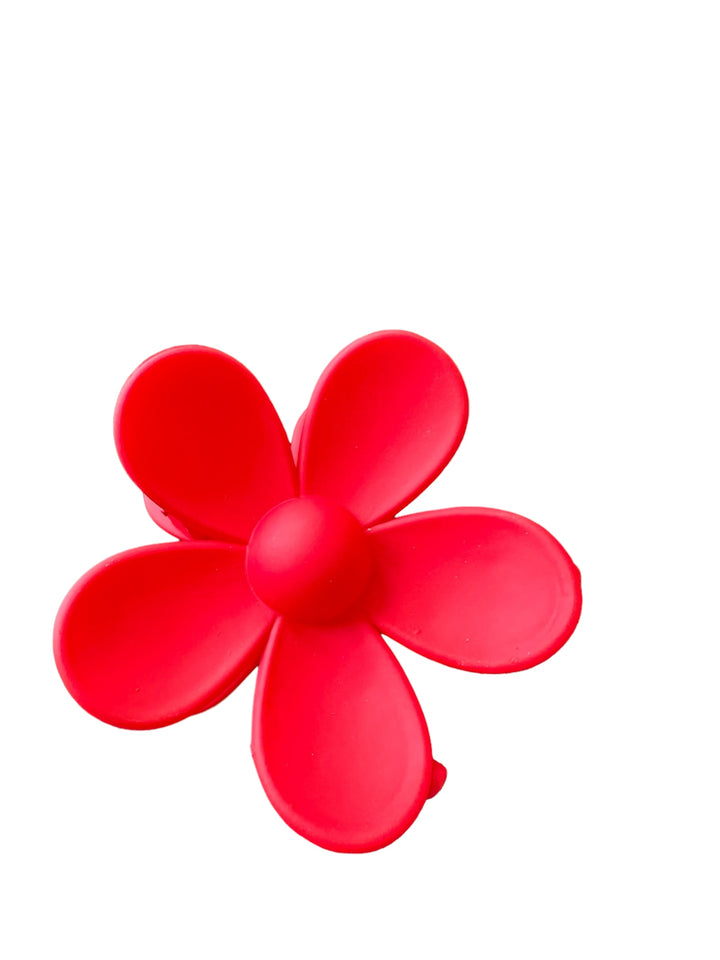 Vibrant red, five-petal Flower Hair Clip with a smooth texture and central button-like structure. Sizes available: One size.