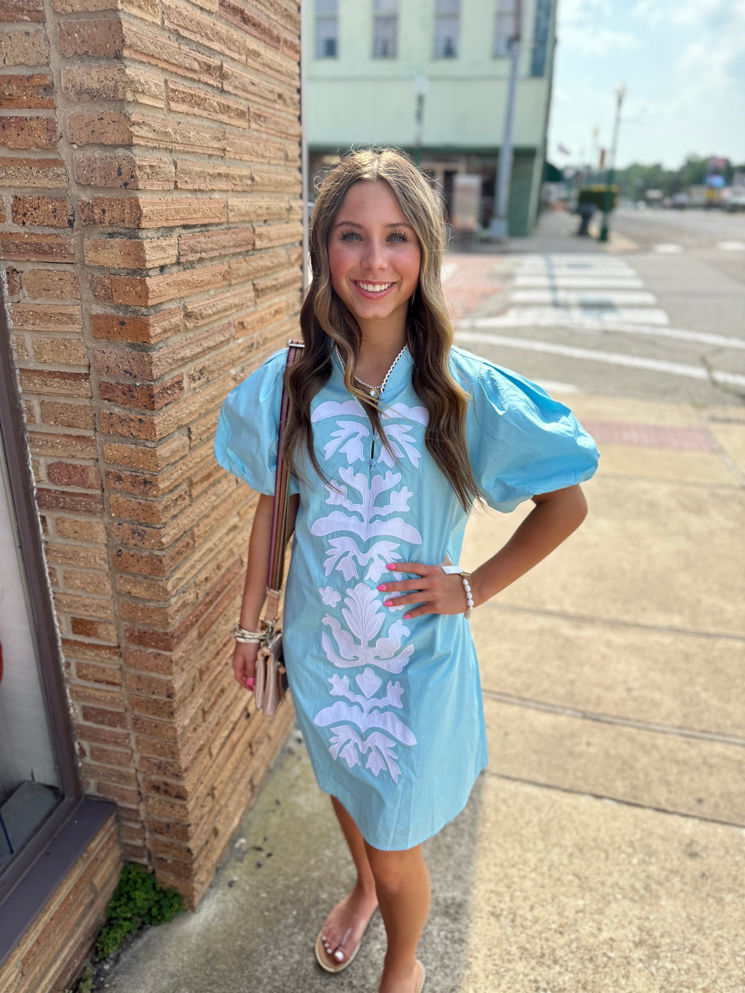 Aqua Baroque Appliqué Design Dress with puffed sleeves and white lace collar. Available in sizes XS-XL.