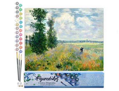 16"x20" Monet Field of Poppies paint by numbers kit with canvas, numbered paints, brushes, and packaging.