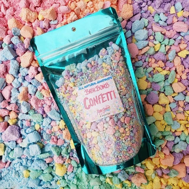 Shiny teal "Bath Bomb Confetti" pouch, all-natural with essential oils. Available in 4oz and 8oz sizes.