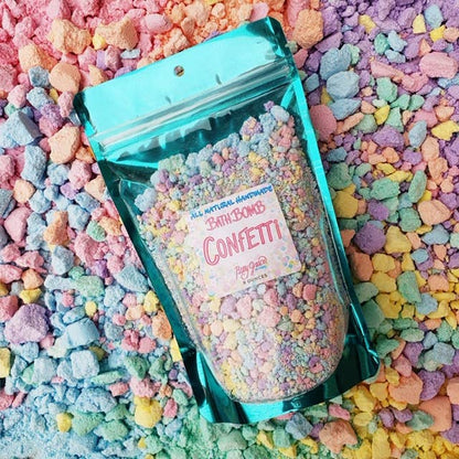 Shiny teal "Bath Bomb Confetti" pouch, all-natural with essential oils. Available in 4oz and 8oz sizes.