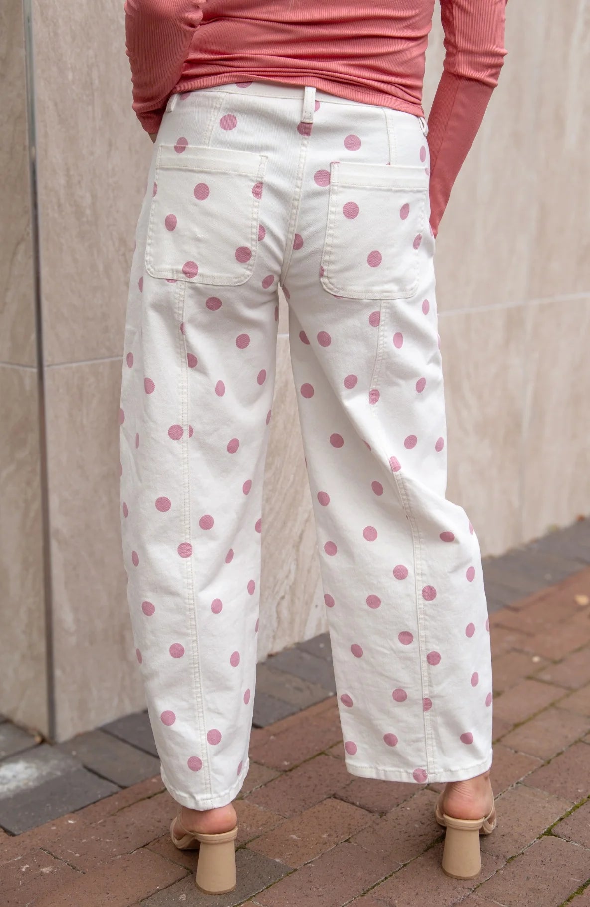 Pink Polka Dot Barrel Jeans made from stretch denim. Available in sizes 24–32.