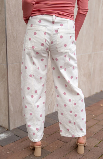 Pink Polka Dot Barrel Jeans made from stretch denim. Available in sizes 24–32.