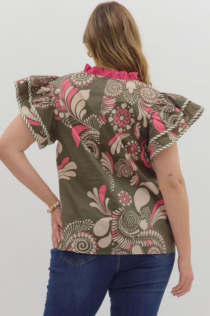Paisley Tiered Top with flutter sleeves, olive green, pink, and beige floral pattern. Available in sizes XS-XL.