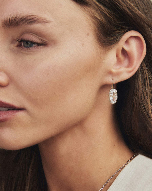 Lee Luxe Earrings: large oval-cut cubic zirconia, rhodium over brass, silver hooks. Available in S, M, L.