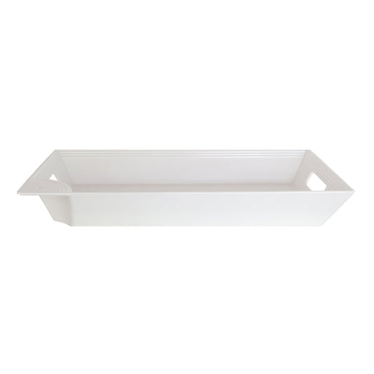 Rectangular white melamine tray with raised sides, cut-out handles, BPA free, dishwasher safe. Sizes: Small, Large.