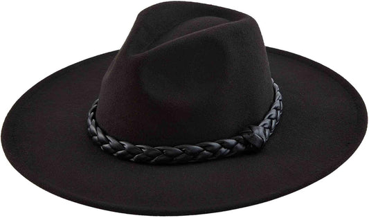 Black felt fedora with wide brim and braided faux leather band. Available in S, M, L.