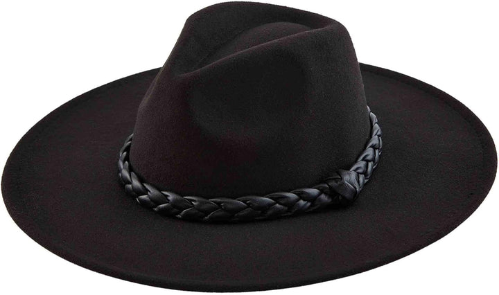 Black felt fedora with wide brim and braided faux leather band. Available in S, M, L.