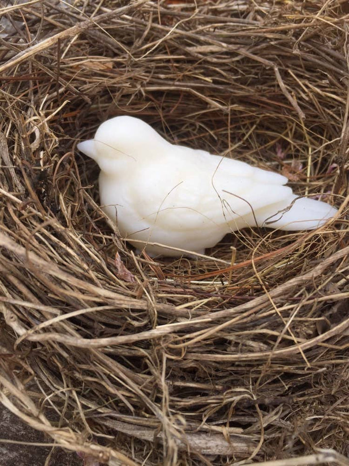 White, bird-shaped Sweet Birdy Guest Soap, gardenia scent. Sizes available: Small and Large.
