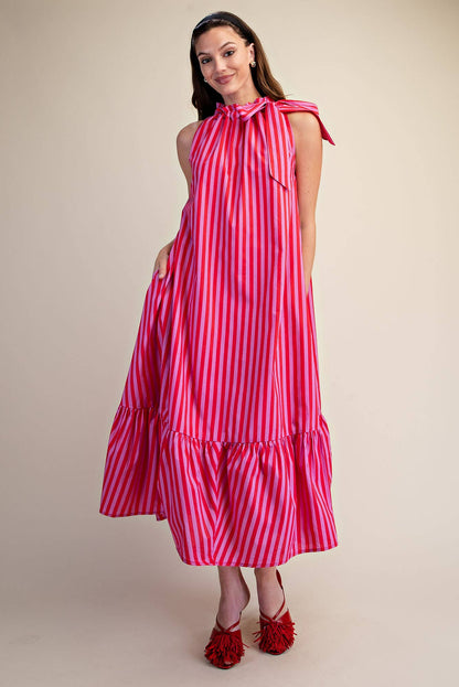 Stripe Midi Dress With Sleeveless Ruffle Neck Tie in navy, ruffled neck tie, sleeveless. Available in sizes XS–XL.