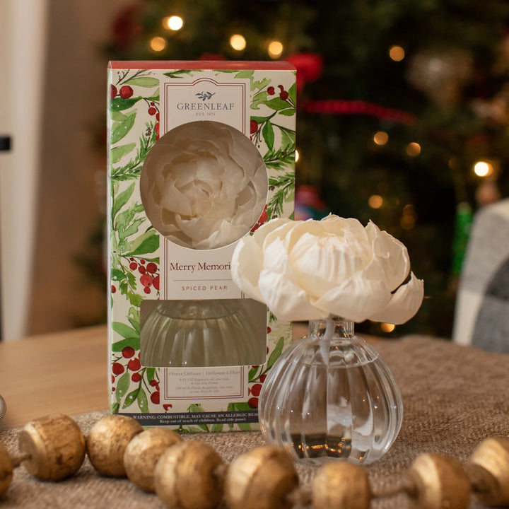 White Merry Memories flower diffuser in a glass bottle with sugared pear holiday fragrance box.