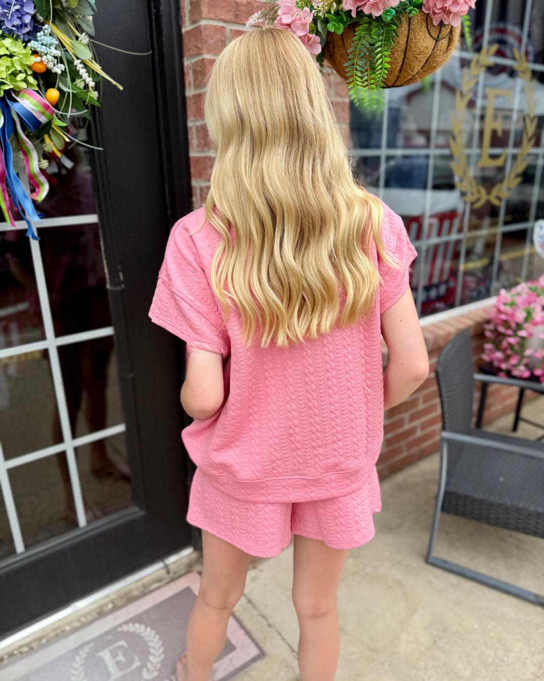 Pearl Pink Ribbon Trim Textured Set: bubblegum pink lounge set with textured knit design. Available in sizes XS–XL.