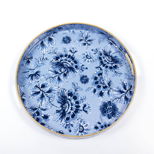 Blue Floral Round Tray with blue and white floral design, gold rim. Available in 12" and 16" sizes. Elegant for serving.