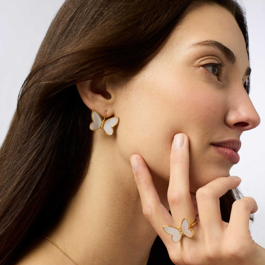 Papillon Earring Mother of Pearl, 24K gold plate and mother of pearl, butterfly shape. Sizes available: small, medium, large.