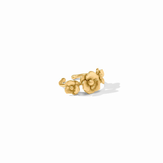 Adjustable 24K gold-plated ring with a three-dimensional floral design on a white base. Sizes: adjustable.