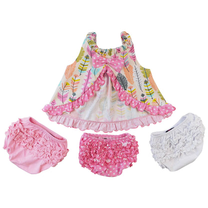 Pink floral ruffle swing tank top and three bloomers; sizes 12M-4T.