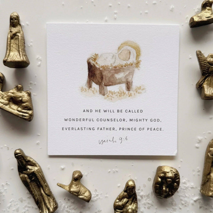 Christmas gift truth for today card with watercolor baby in a manger and Isaiah 9:6. Available in 4x6 and 5x7 sizes.