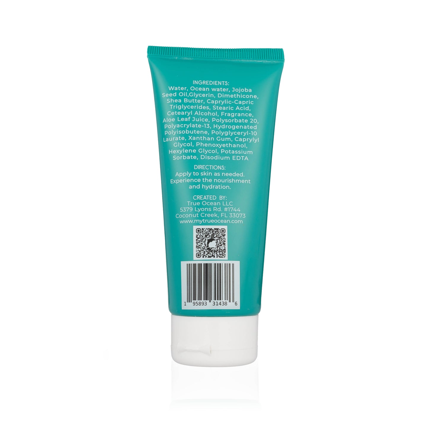 Teal tube of True Ocean Mineral Lotion, 3.4oz, back view with ingredients, directions, manufacturer info, and barcode.