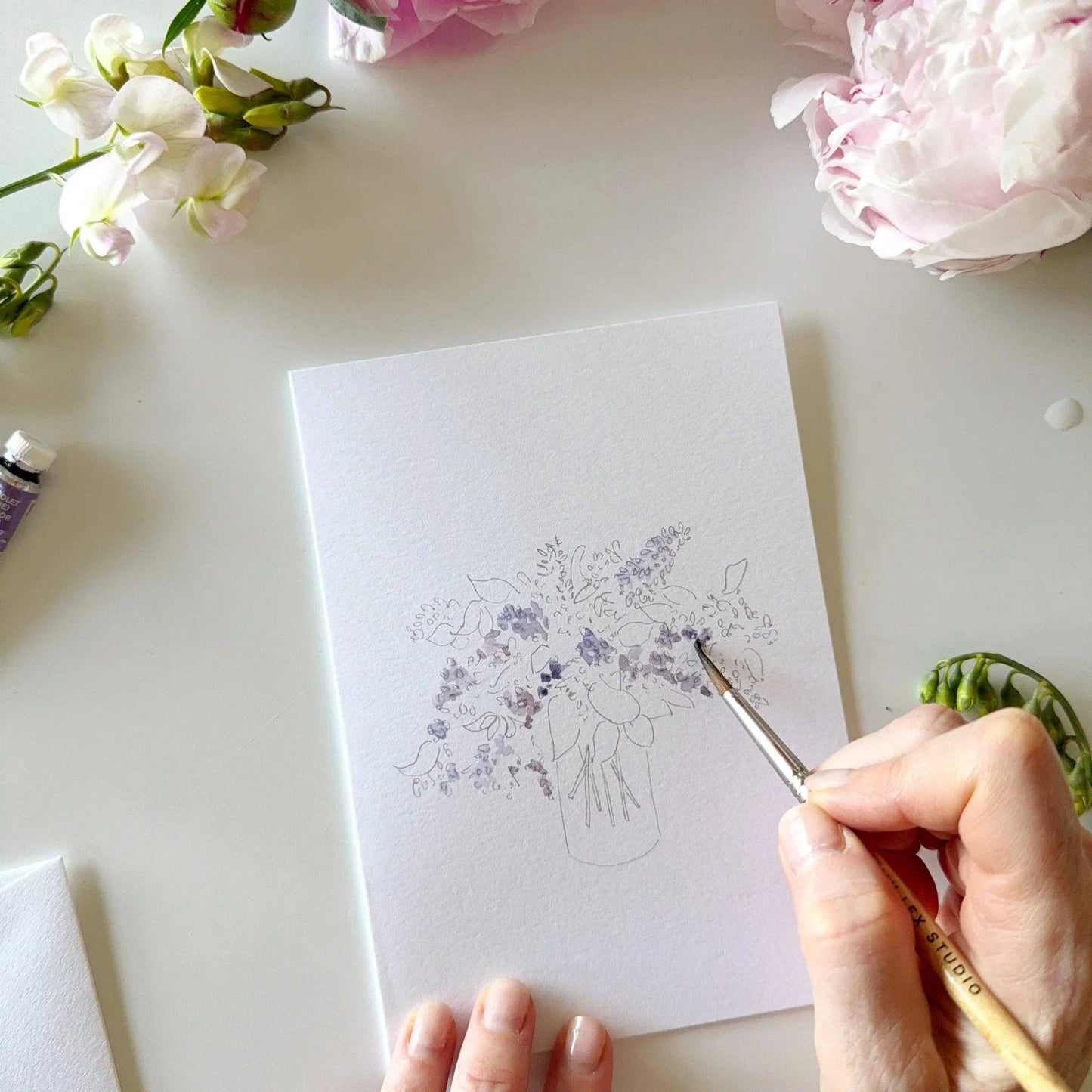 Bouquets paintable watercolor notecard set featuring a hand-painted floral design in a vase on white paper; available in standard notecard size.
