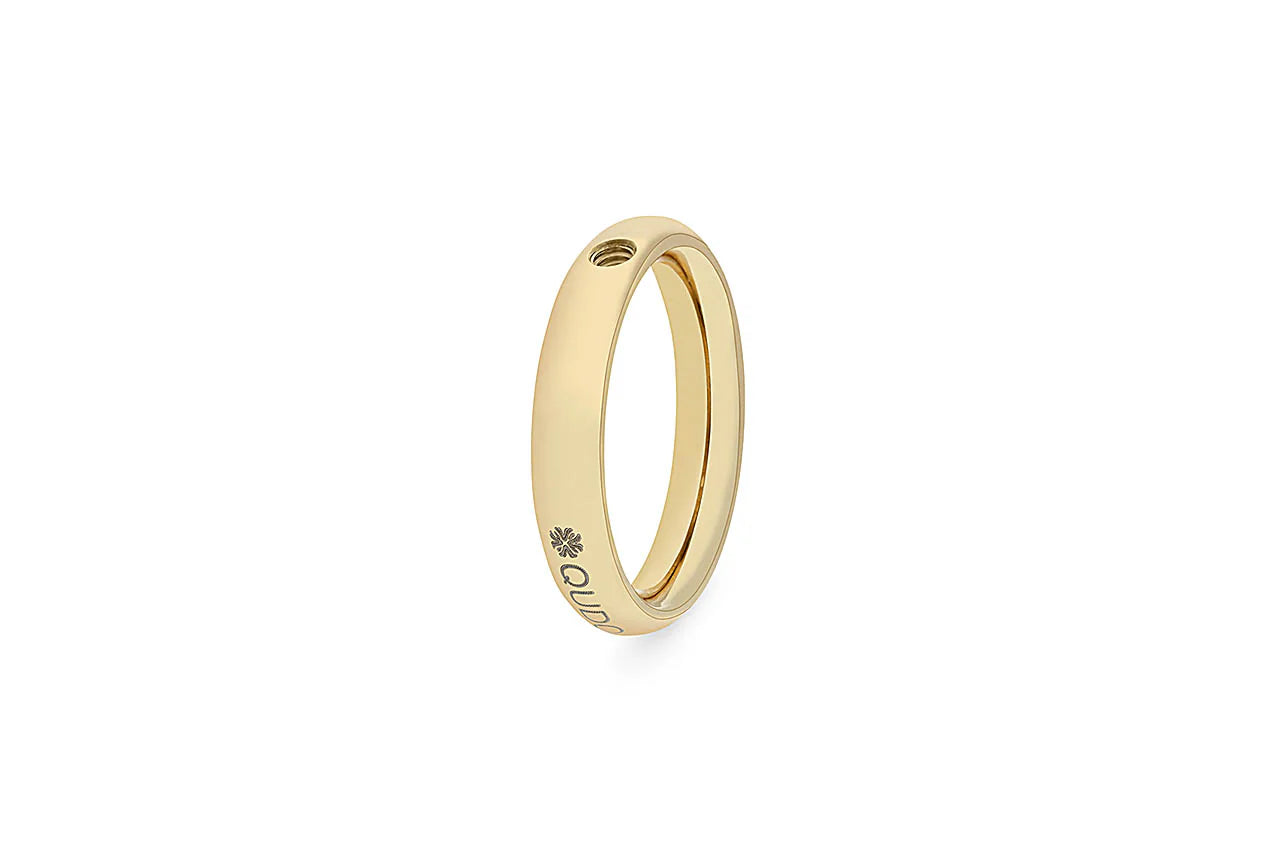 Sleek small gold stainless steel QUDO ring with polished finish, engraved logo, and gemstone. Available in multiple sizes.