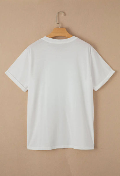 Women's white short-sleeve American Flag Bow T-Shirt, shown from the back. Sizes: S–XL. Patriotic and versatile.
