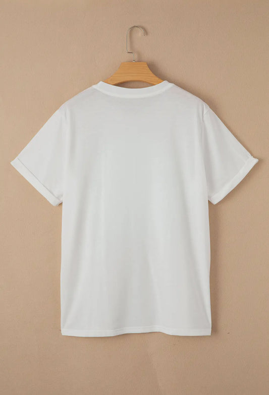 Women's white short-sleeve American Flag Bow T-Shirt, shown from the back. Sizes: S–XL. Patriotic and versatile.