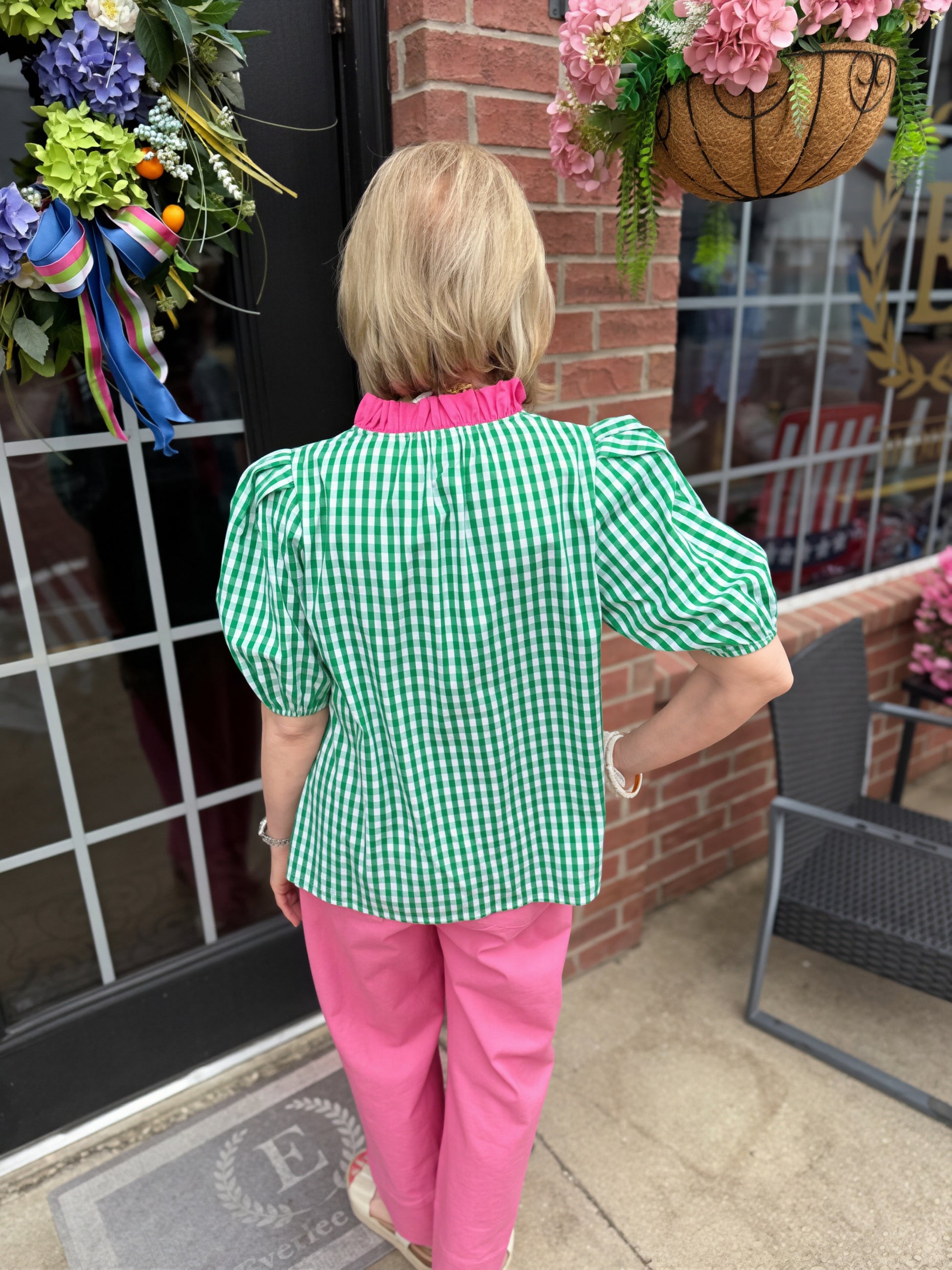 Watermelon Patch Gingham Puff Sleeve Top: 100% cotton, green gingham, pink ruffled collar. Sizes XS-XL.