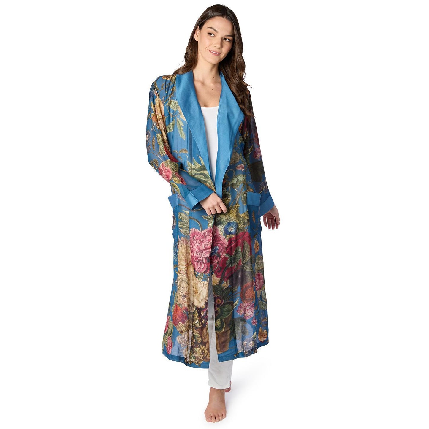 Long, sheer Primula Print Teal Robe with solid blue collar. Sizes: XS–XL.