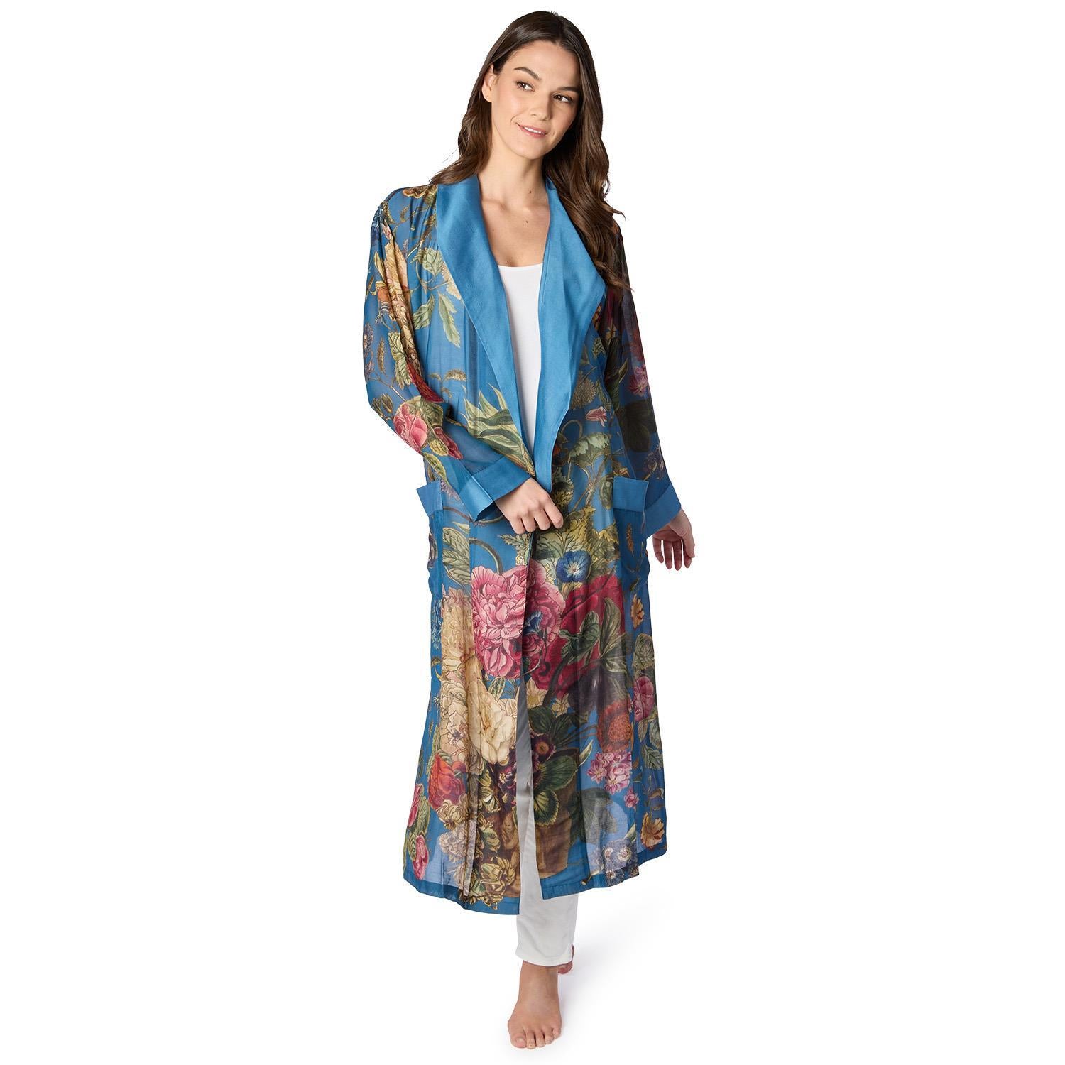Long, sheer Primula Print Teal Robe with solid blue collar. Sizes: XS–XL.