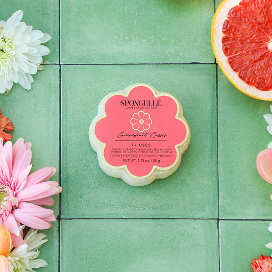 Grapefruit Cassis Daisy Spongette | Soap Sponge shown. Available in standard and travel sizes.