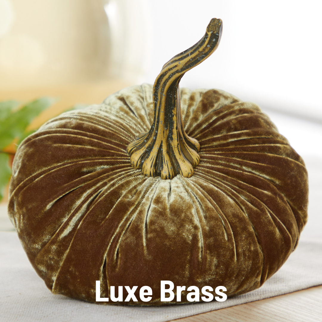 Large fern green velvet pumpkin with a realistic curved stem; available in large size. “Fern” text at the bottom.