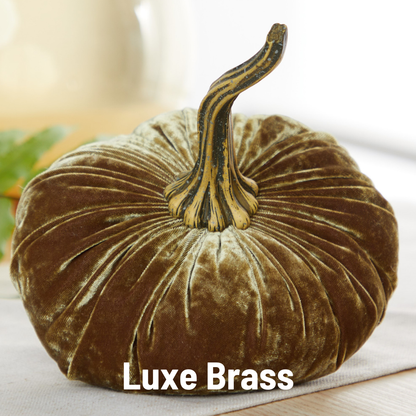 Moss green velvet pumpkin with a realistic curved stem; available in small, medium, and large sizes.