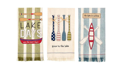 Set of 3 woven cotton towels with lake-themed prints and quotes. Sizes: not specified. Only includes the towel set.
