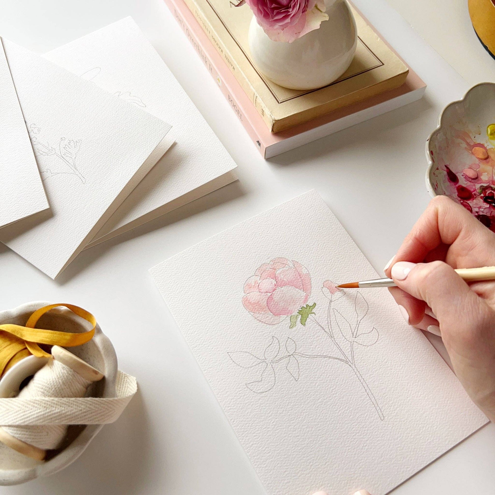 Set of 8 Garden Flowers Paintable Notecards on textured paper. Blank inside. Each notecard measures 5" x 7".