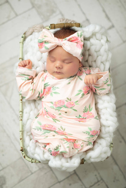 Pink Rose Baby Gown and Bow Headband Set shown. Available in newborn, 0-3M, 3-6M, and 6-12M sizes.