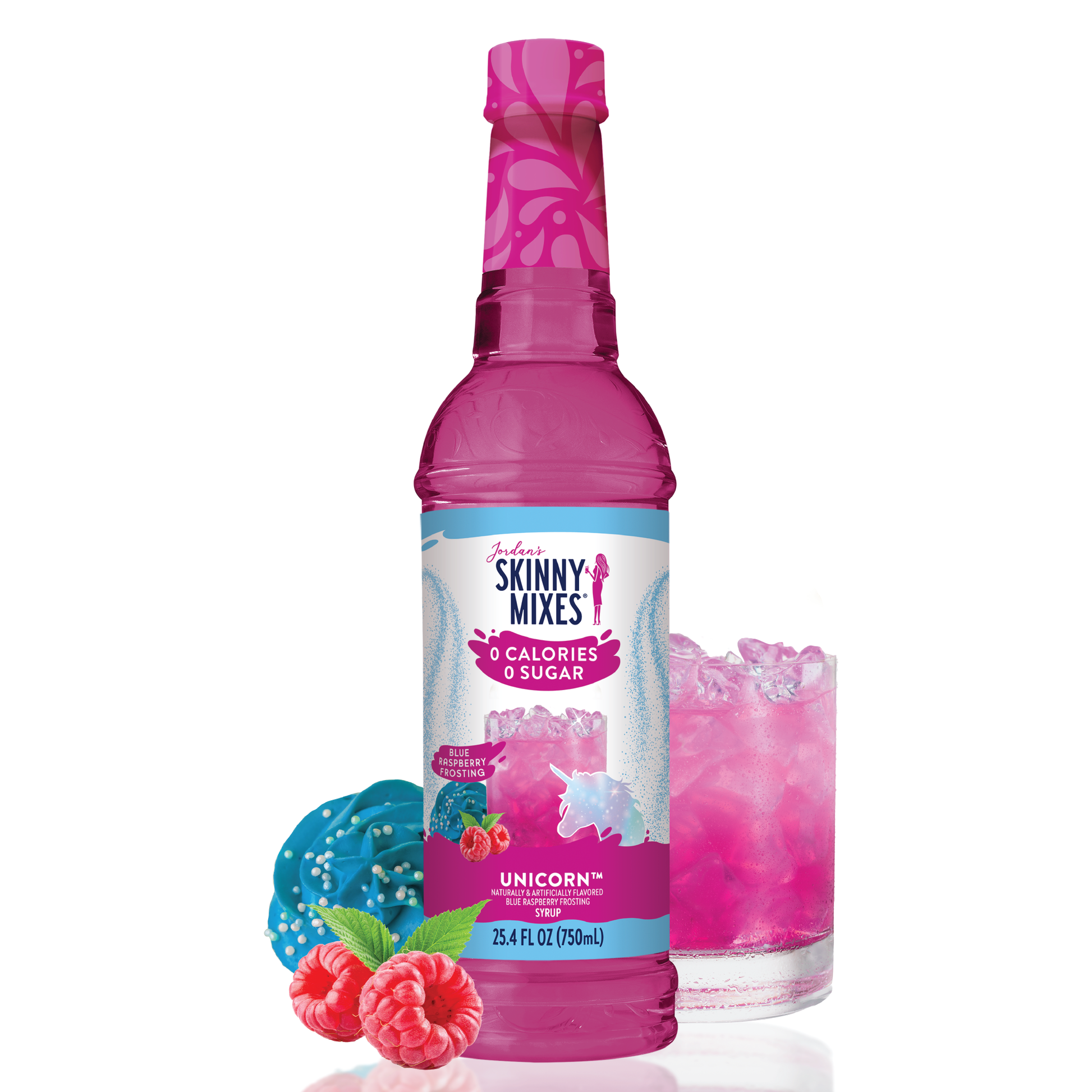 Sugar Free Unicorn™ Syrup: keto-friendly blue raspberry, 0 calories, 0 sugar. Pink cap, whimsical label. Available in multiple sizes.