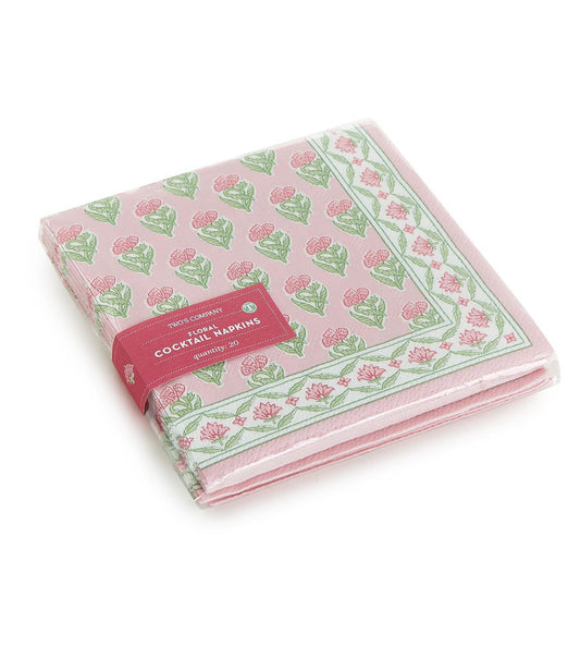 Pink and green floral 3-ply paper napkins, neatly folded in clear wrap with "Cocktail Napkins" band; available in multiple sizes.