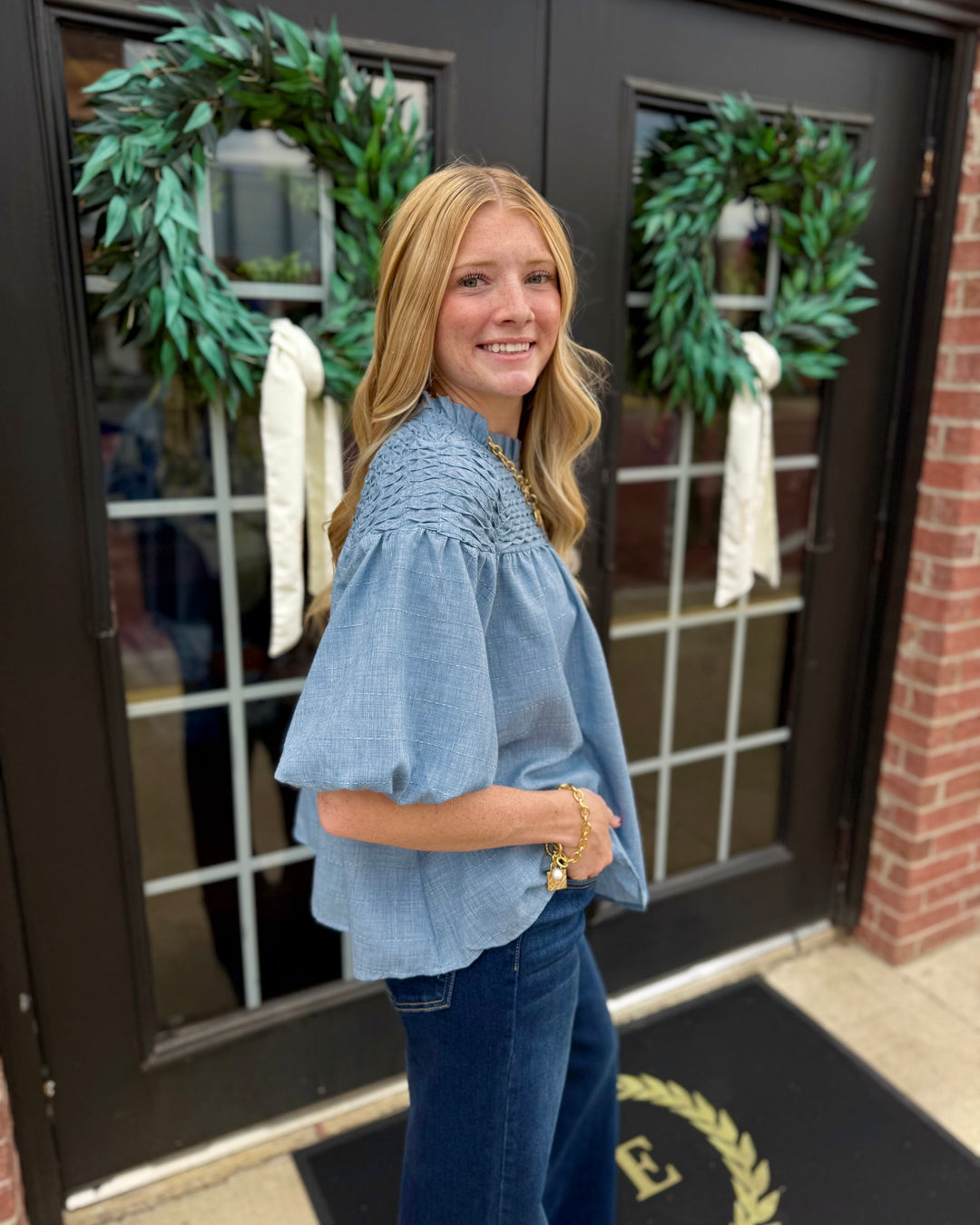 Bubble Sleeve Blouse featuring voluminous sleeves; available in sizes XS–XL.