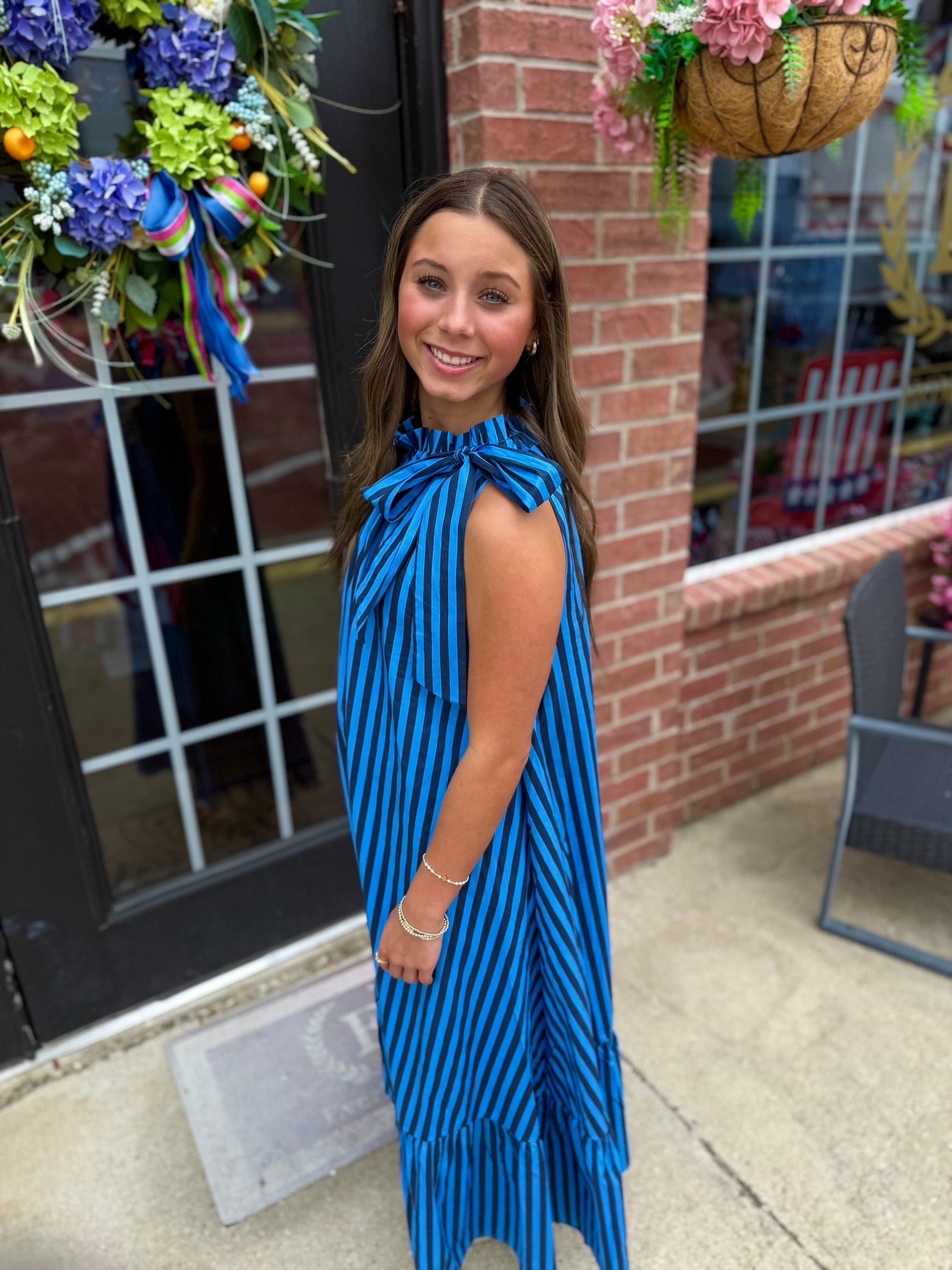 Navy Stripe Tie-Neck Midi Dress shown. Available in sizes XS–XL.