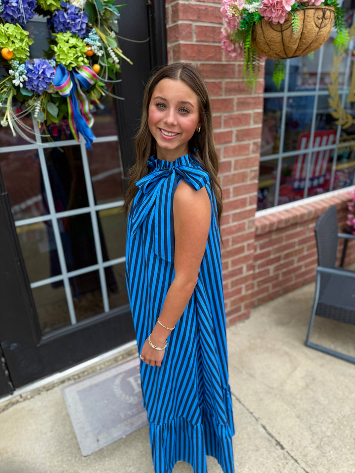 Navy Stripe Tie-Neck Midi Dress shown. Available in sizes XS–XL.