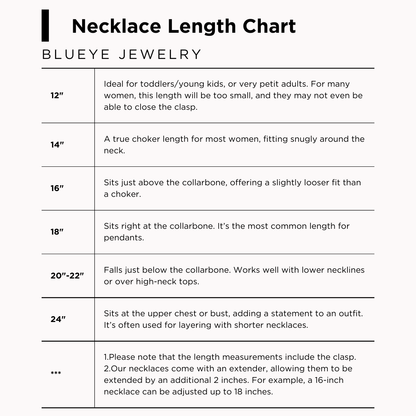 Chart shows Blueye Jewelry necklace lengths: 12", 14", 16", 18", 20", 22", and 24". Includes tips for the 18" dainty chain.