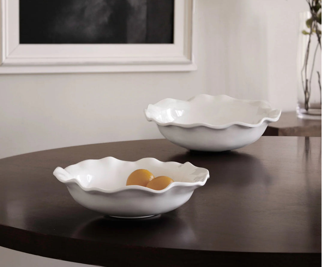 Two Vida Havana Large Pasta Bowls. Feature: wavy edges, white finish. Material: luxury melamine. Sizes available: Large only. Ideal for versatile settings.