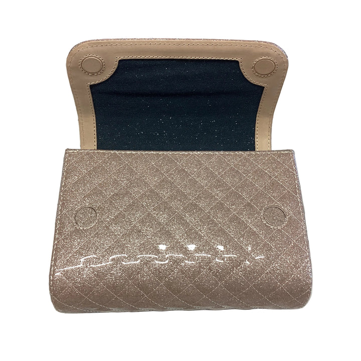 On The Town, Ori quilted, glittery beige mini messenger bag with magnetic flap closure. Available in mini.