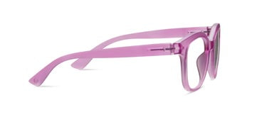 Translucent pink thick-frame eyeglasses with UV400 protection. Available sizes: small, medium, large.