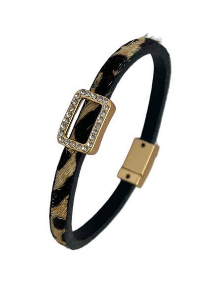 Thin leather leopard print bracelet with rhinestone gold buckle, magnetic clasp; available in S, M, L.