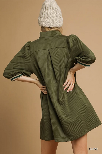 Olive Jacquard High Neck Dress with puffed sleeves. Available in sizes XS-XL.