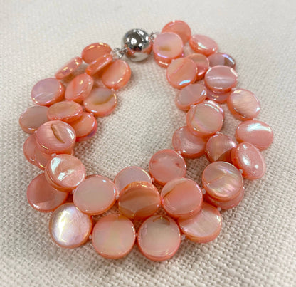 Mother of Pearl Bracelet: two strands of round pink shell beads, stainless magnet clasp. Available in small, medium, large.